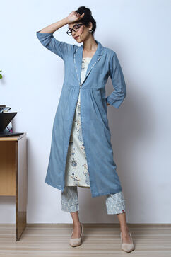 Blue Cotton Straight Printed Kurta With Shrug image number 6