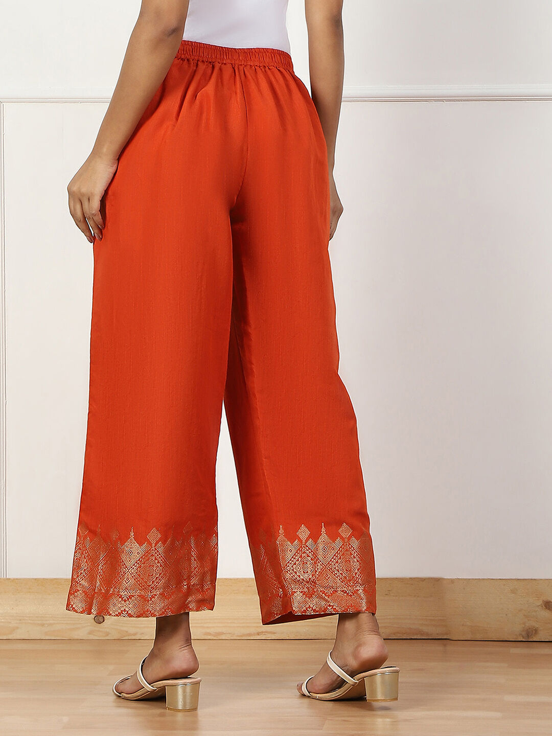 Orange Jacquard Palazzo Pants at Biba India