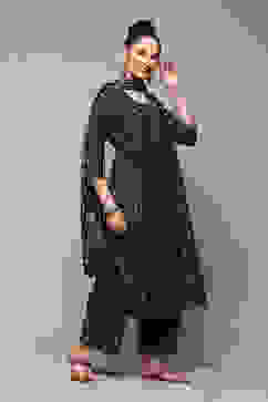 Navy Poly Cotton Layered Kurta Palazzo Suit Set image number 7