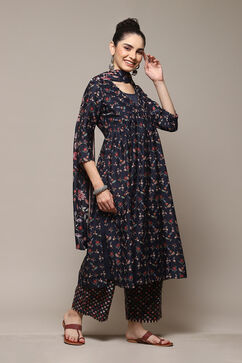 Navy Poly Cotton Layered Kurta Palazzo Suit Set image number 7