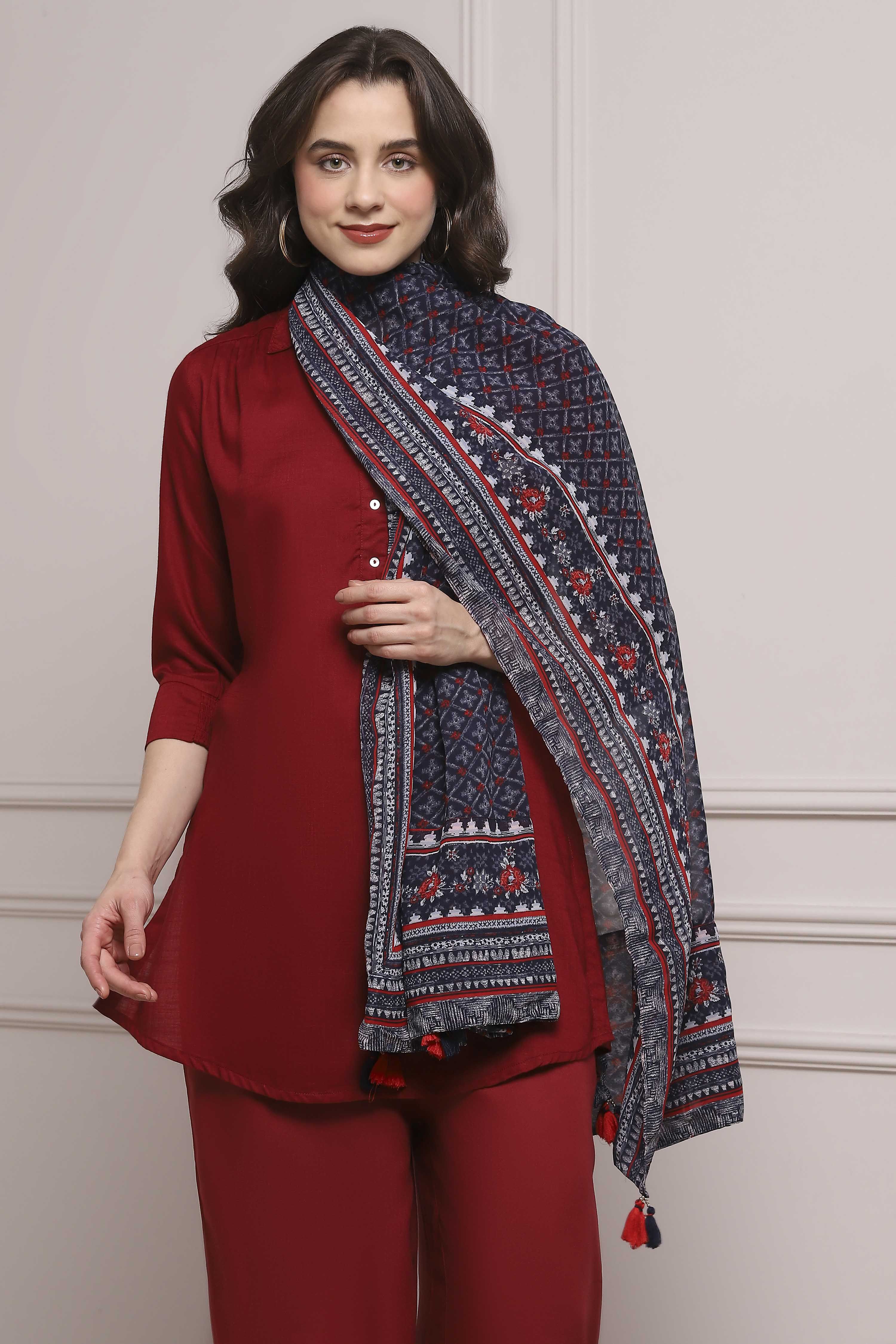 Navy Polyester Printed Dupatta image number 2