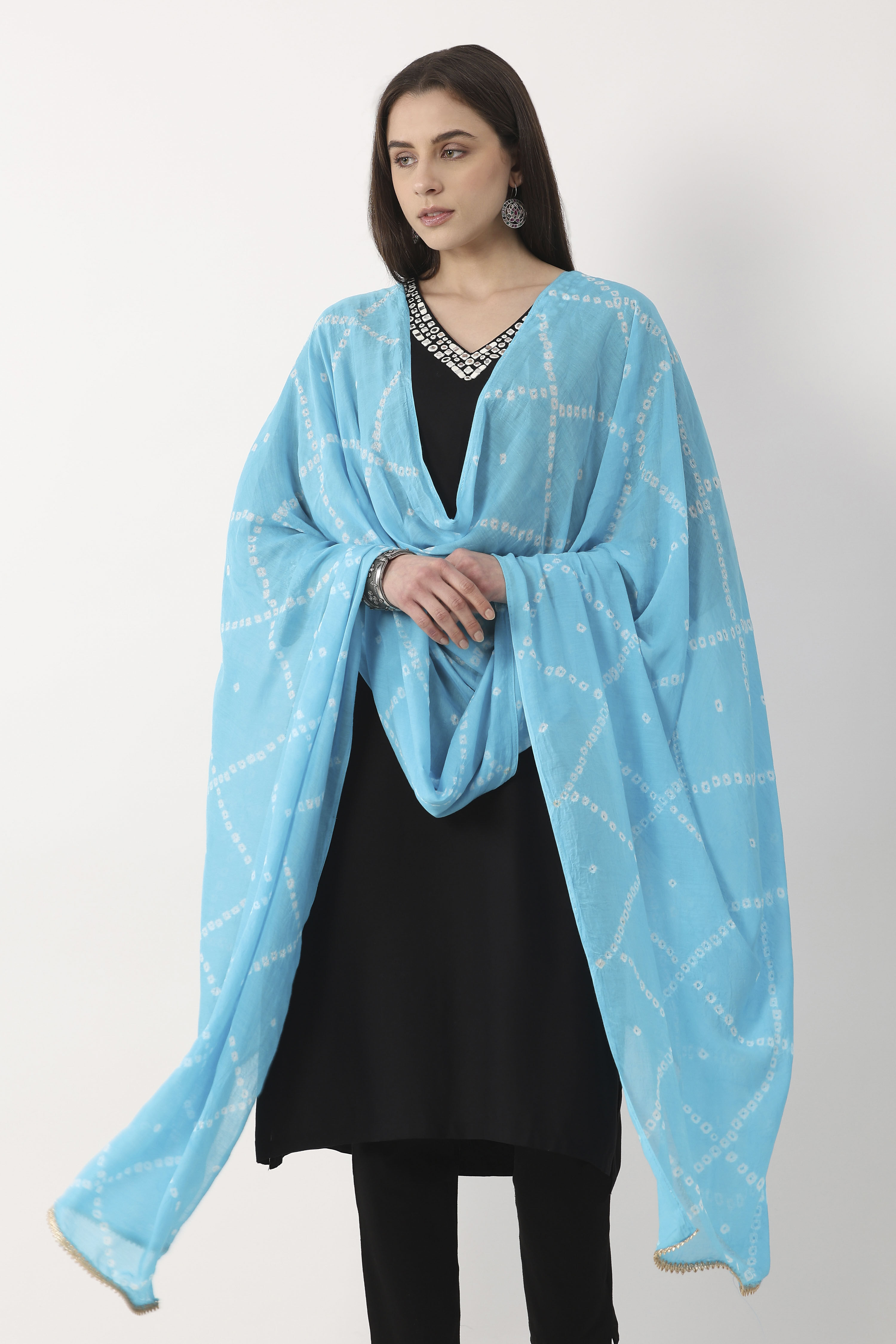 Turquoise Mul Chanderi Dupatta image number 1