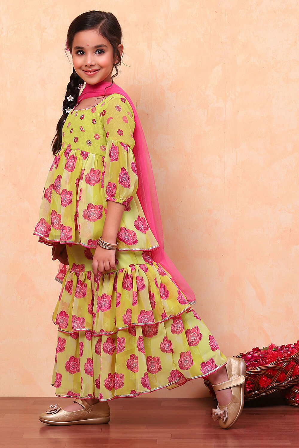 Lime Green Poly Georgette Floral Gathered Flared Suit Set image number 5