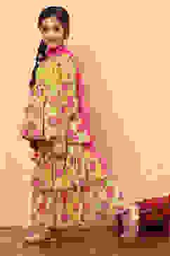 Lime Green Poly Georgette Floral Gathered Flared Suit Set image number 5