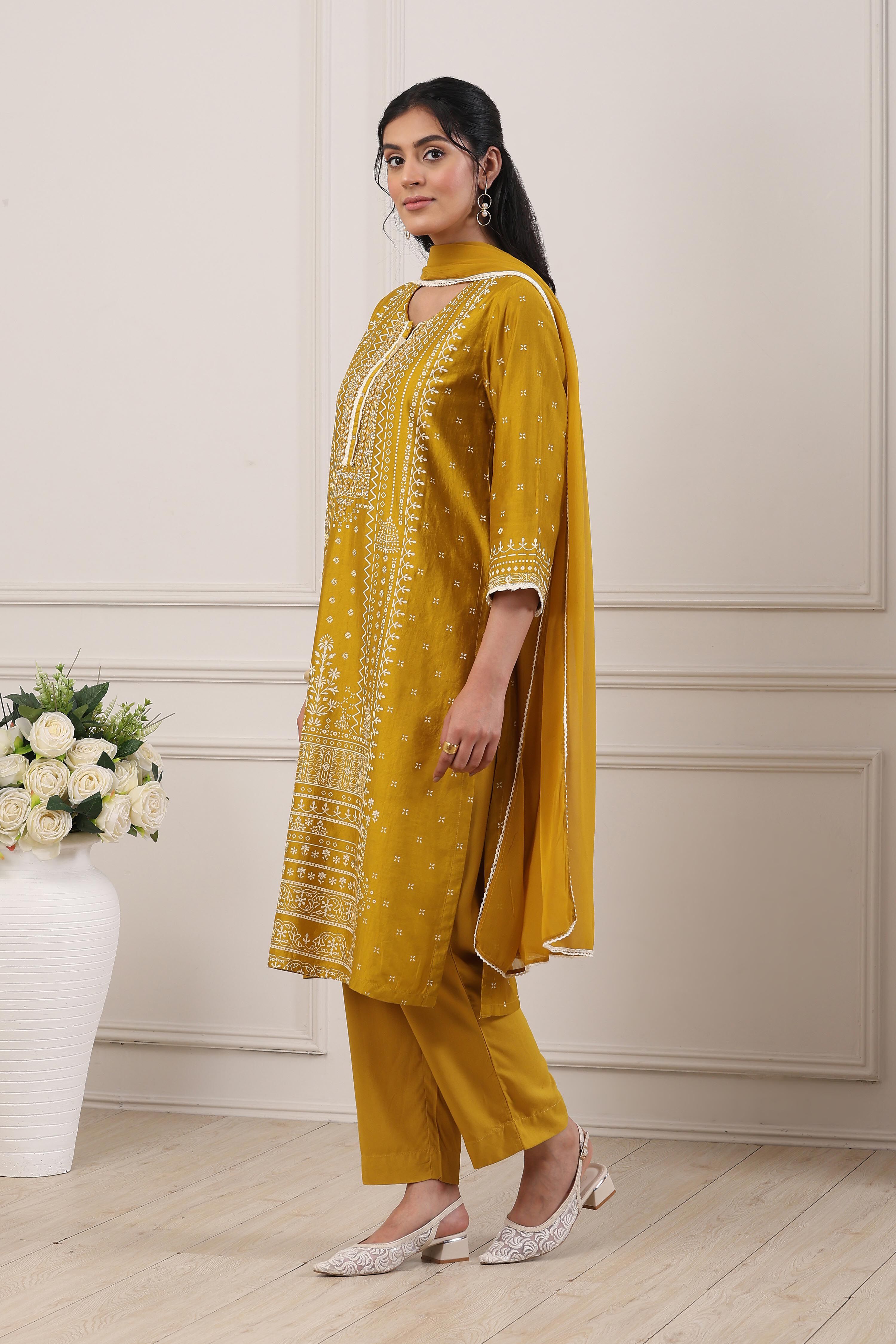 Mustard Yellow Ethnic Motifs Straight Suit Set image number 3