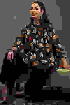 Rohit Bal Black Silk Chanderi Floral Printed Gathered Co-ord Set image number 0