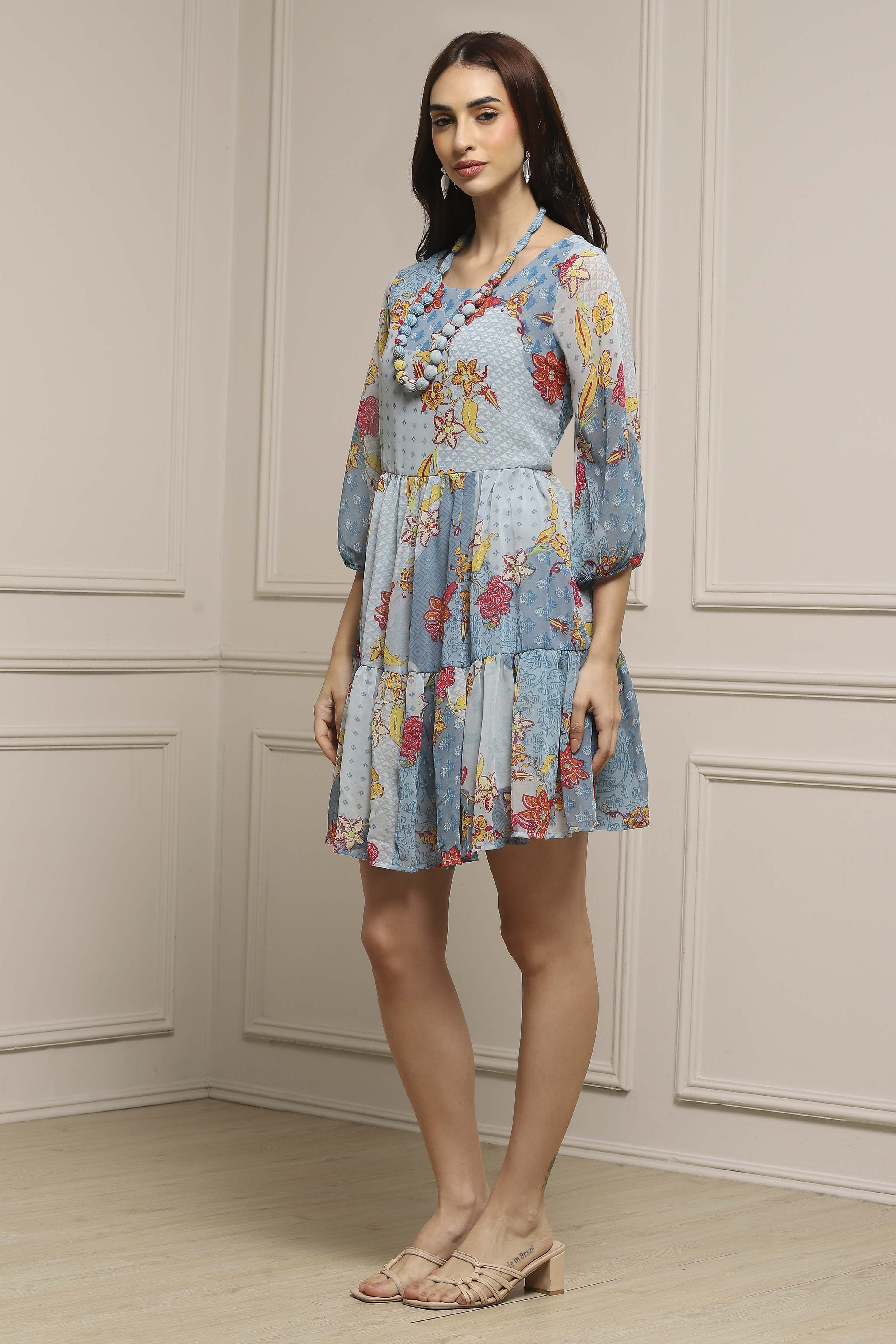 Blue Polyester Tiered Dress image number 2