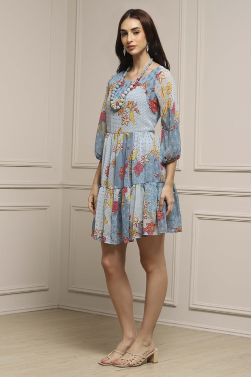 Blue Polyester Tiered Dress image number 2