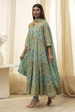 Sage Green Cotton Floral Tiered Suit Set image number 1