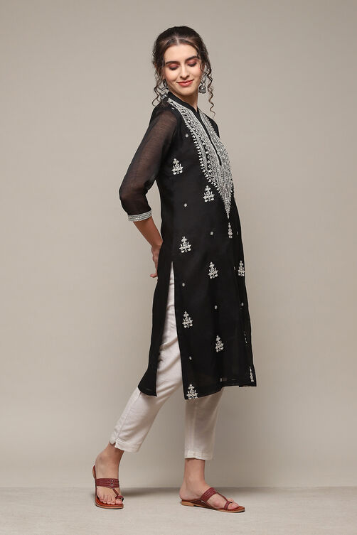 Black Polyester Straight Yarndyed Kurta image number 3