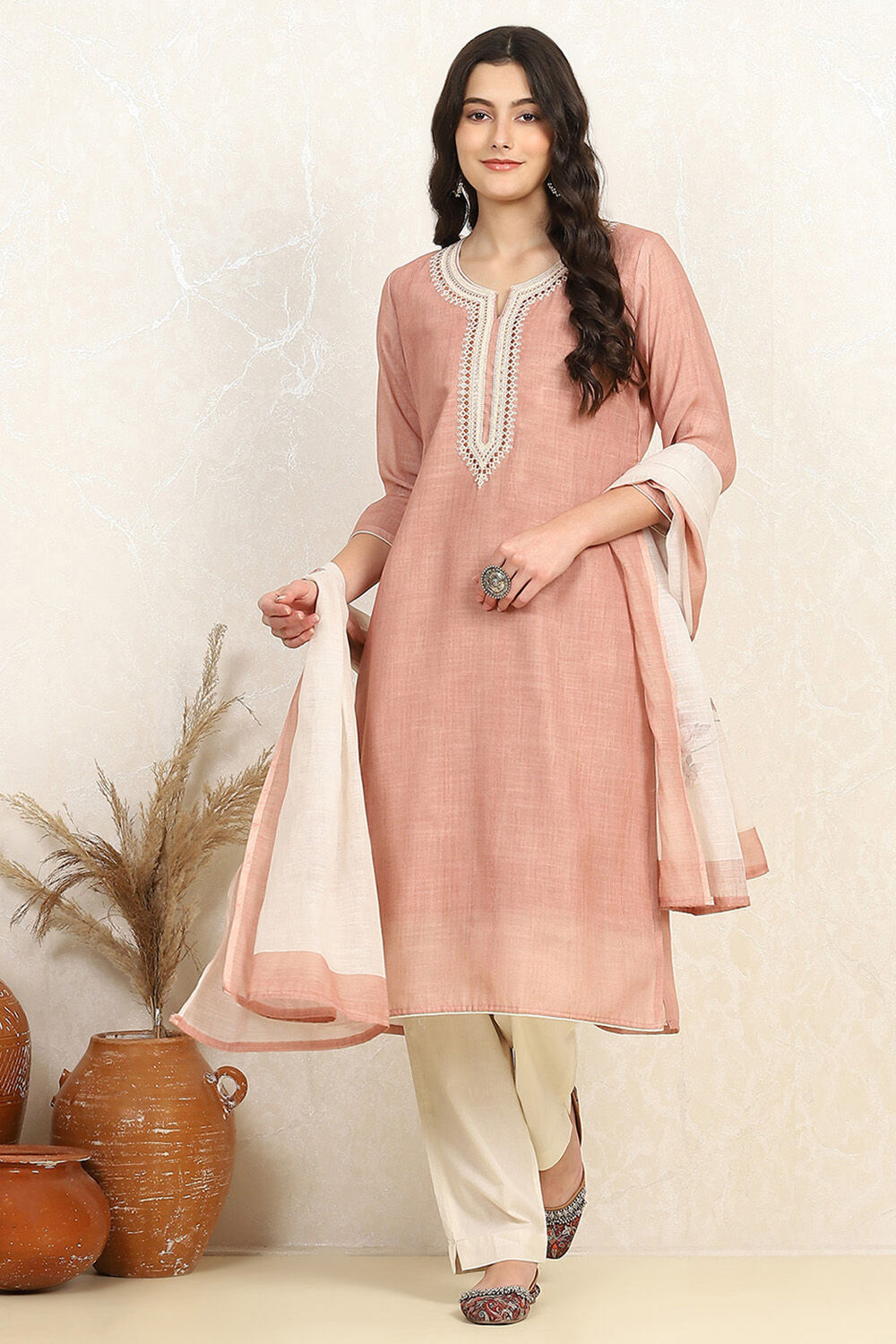 Peach Cotton Unstitched Suit Set image number 1