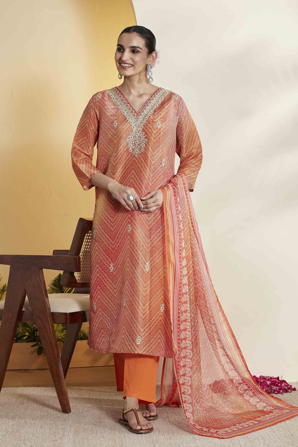 Orange Polyester Straight Printed Suit Set