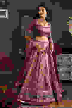 Purple Hand Embroidered Flared Lehenga Set image number 4