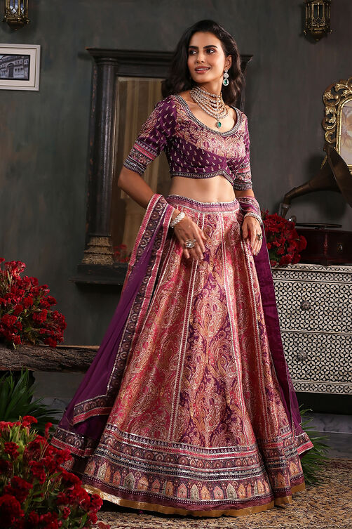 Purple Hand Embroidered Flared Lehenga Set image number 4