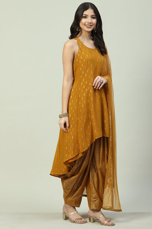 Mustard Art Silk Asymmetric Kurta Dhoti Salwar Suit Set image number 0