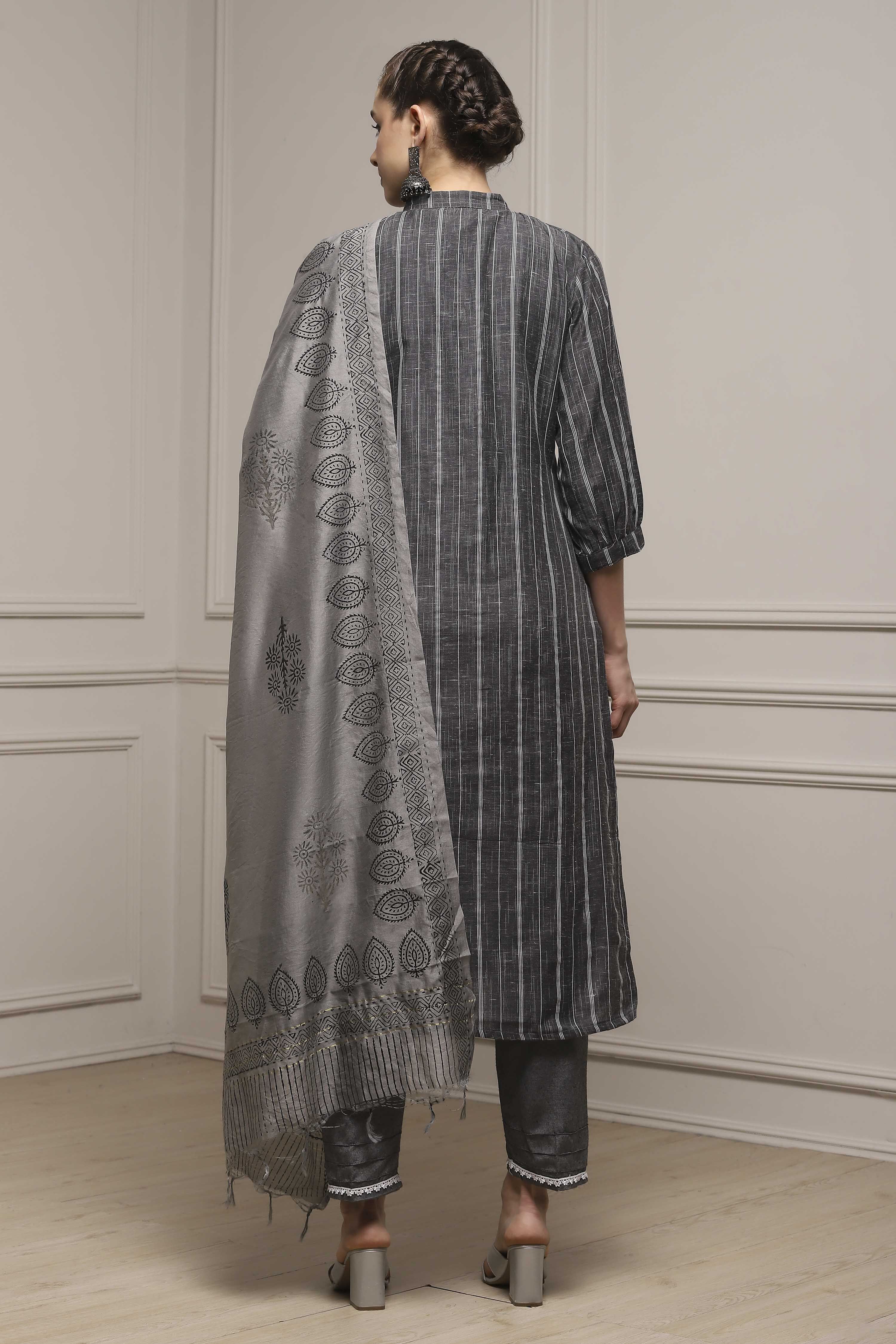 Grey Cotton Blend Woven Unstitched Suit Set image number 5