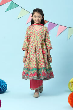 Lime Green & Pink Cotton Front Open Printed Kurta Palazzo Suit Set image number 7