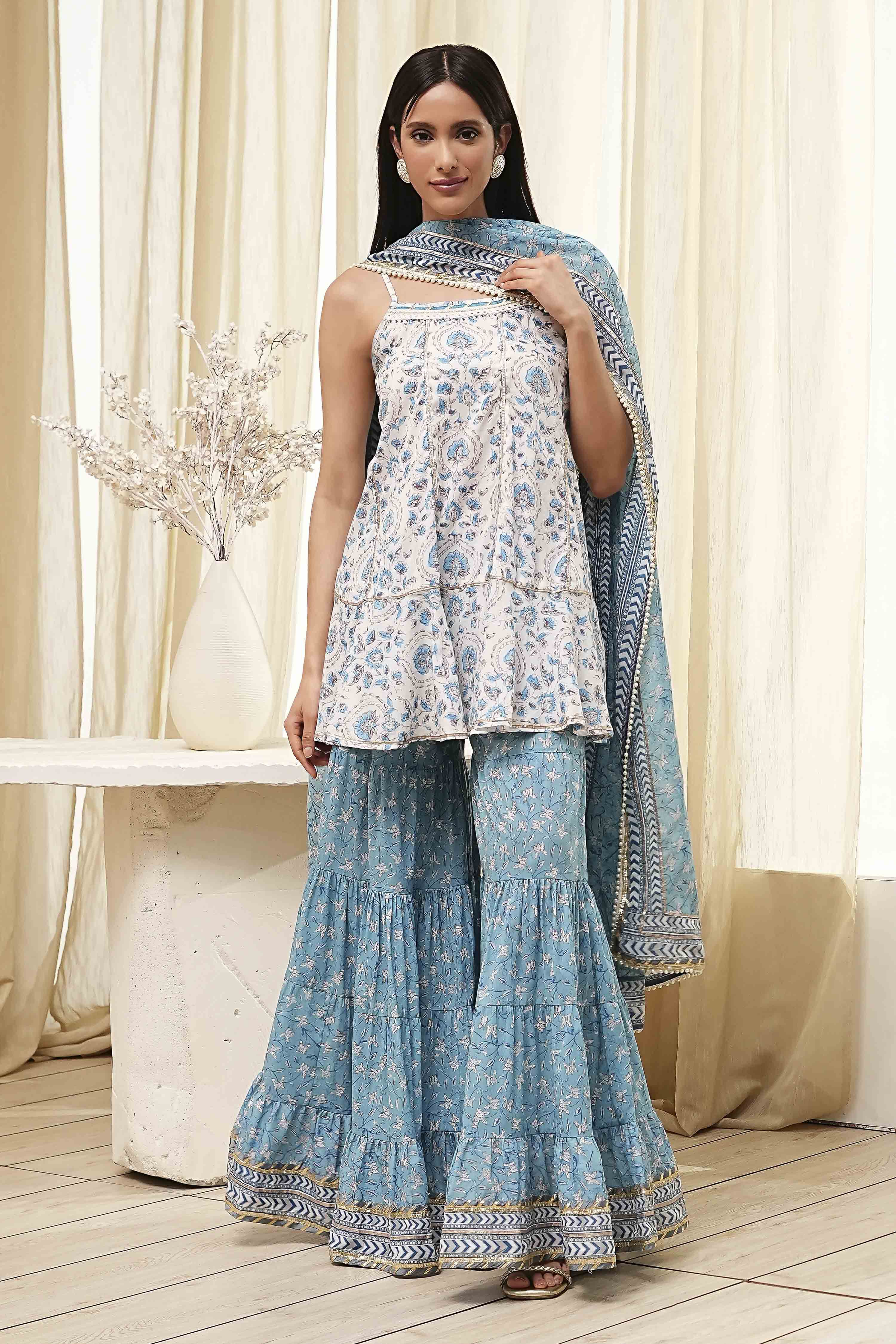 White and Blue Cotton Floral Flared Suit Set image number 6