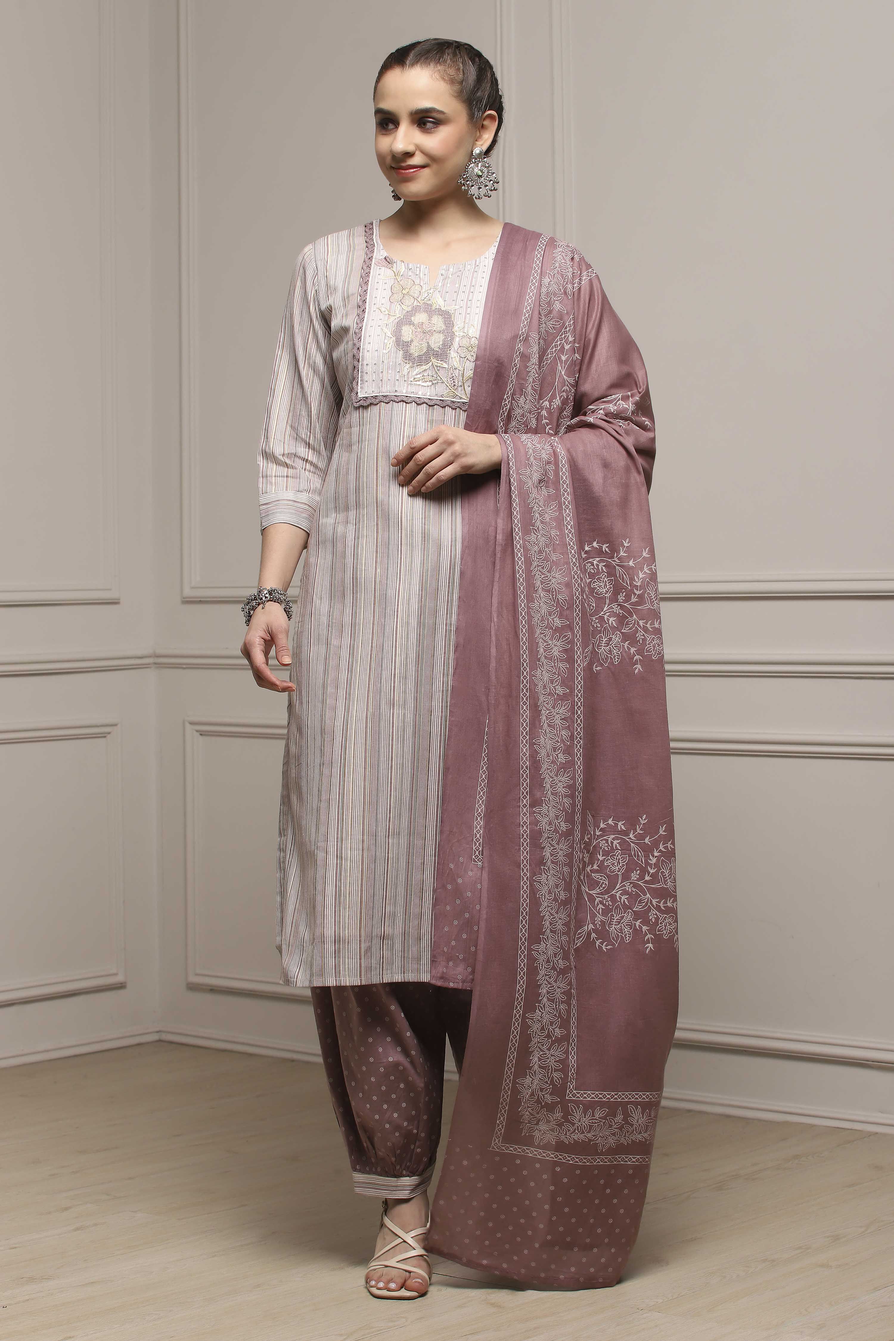 Brown Cotton Blend Printed Unstitched Suit Set image number 1