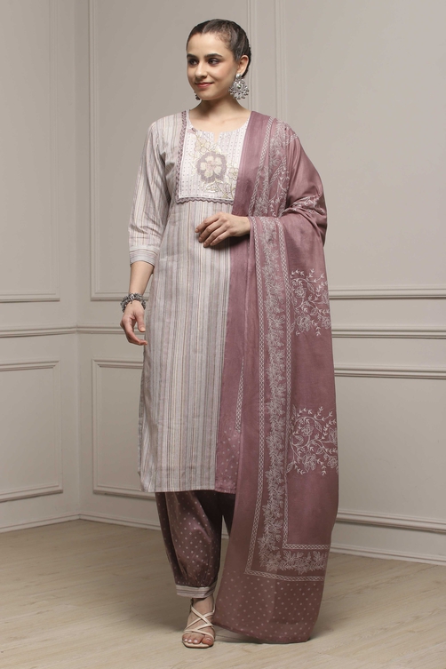 Brown Cotton Blend Printed Unstitched Suit Set image number 1