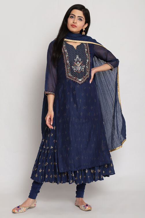 Navy Blue Double Layered Kurta Churidar Suit Set image number 0