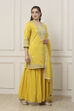 Yellow Silk Chanderi Sequin Embroidered Straight Suit Set image number 5