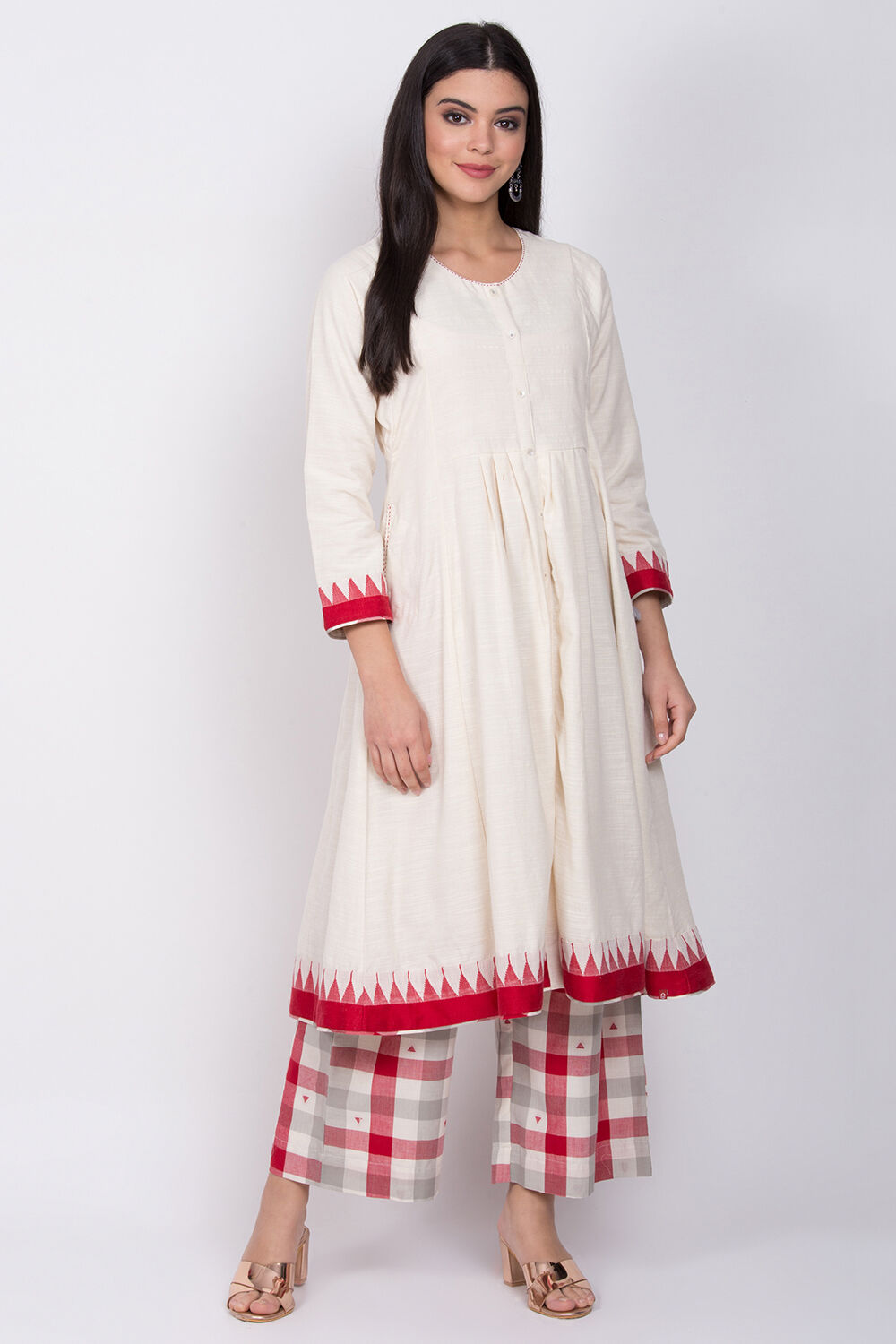 Ivory Eco Cotton Front Open Kurta Palazzo Suit Set image number 2