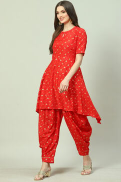 Red Printed A-Line Kurta Salwar Suit Set image number 3