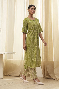 Lime Green and Beige Printed Straight Kurta Set image number 0