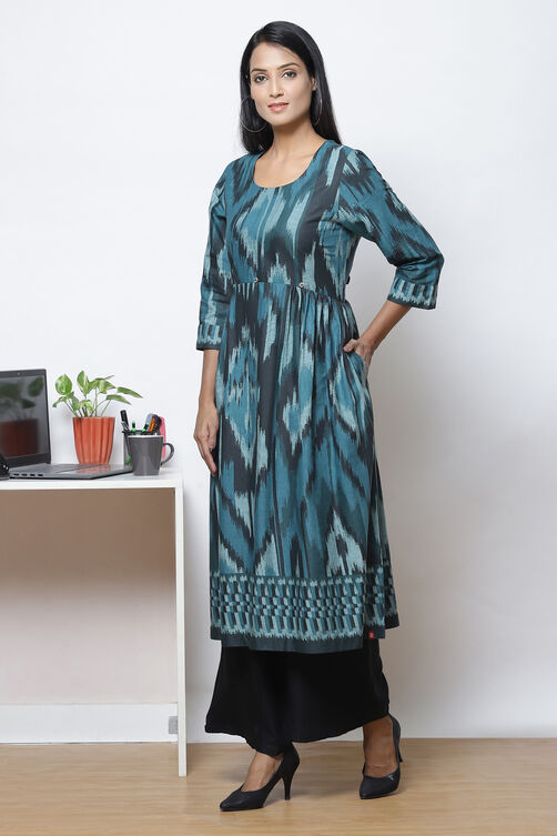 Teal LIVA Flared Printed Kurta Dress image number 2