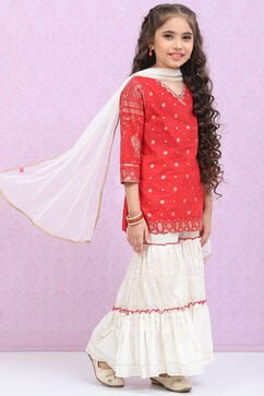 White & Red Cotton Straight Kurta Sharara Suit Set image number 6