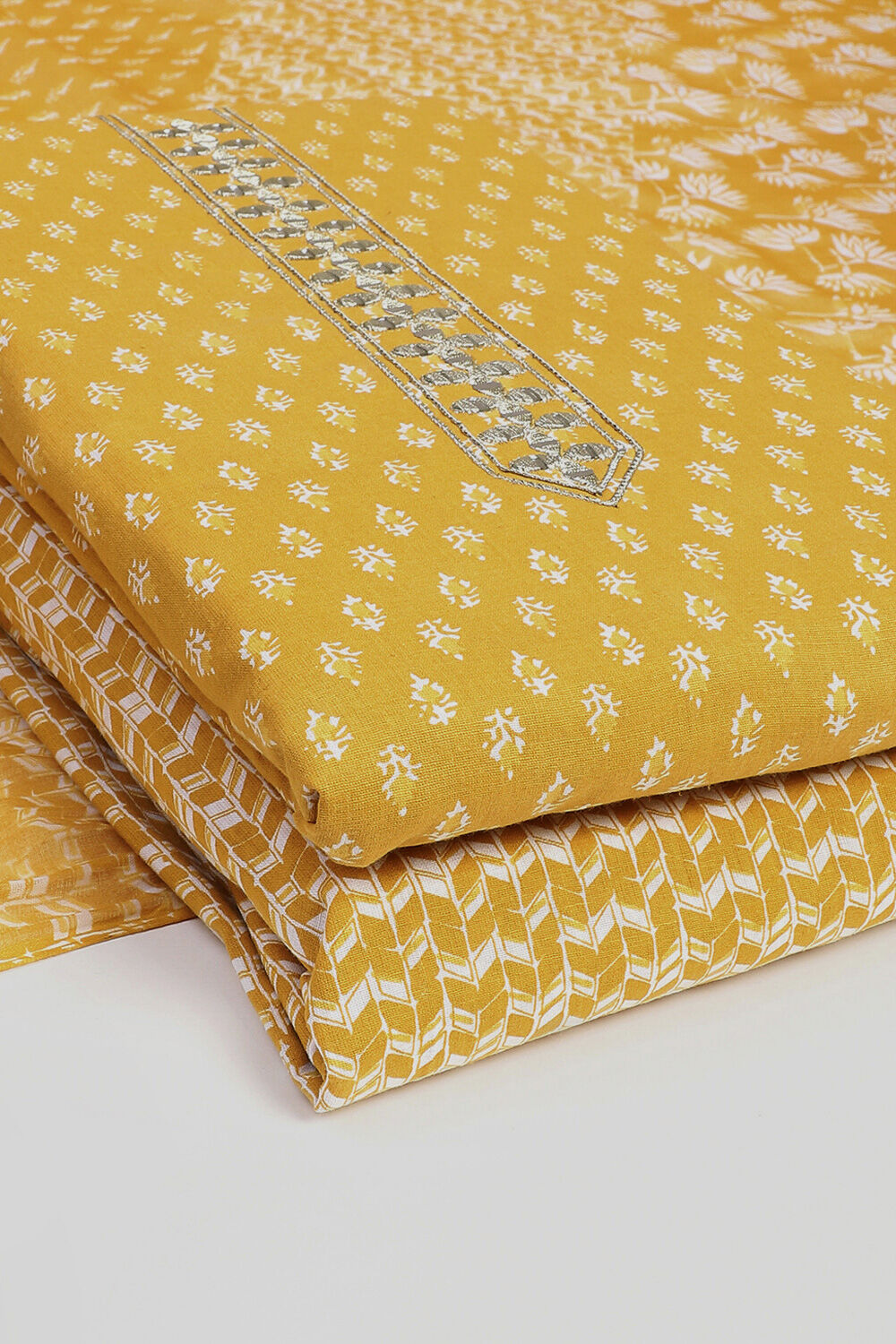 Mustard Yellow Cotton Printed Unstitched Suit Set image number 5