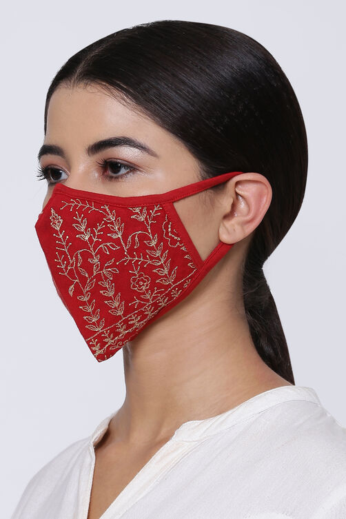 Red Cotton Flax Embroidered Face Mask image number 1