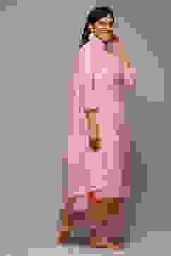 Pink Cotton Blend Layered Kurta Palazzo Suit Set image number 7