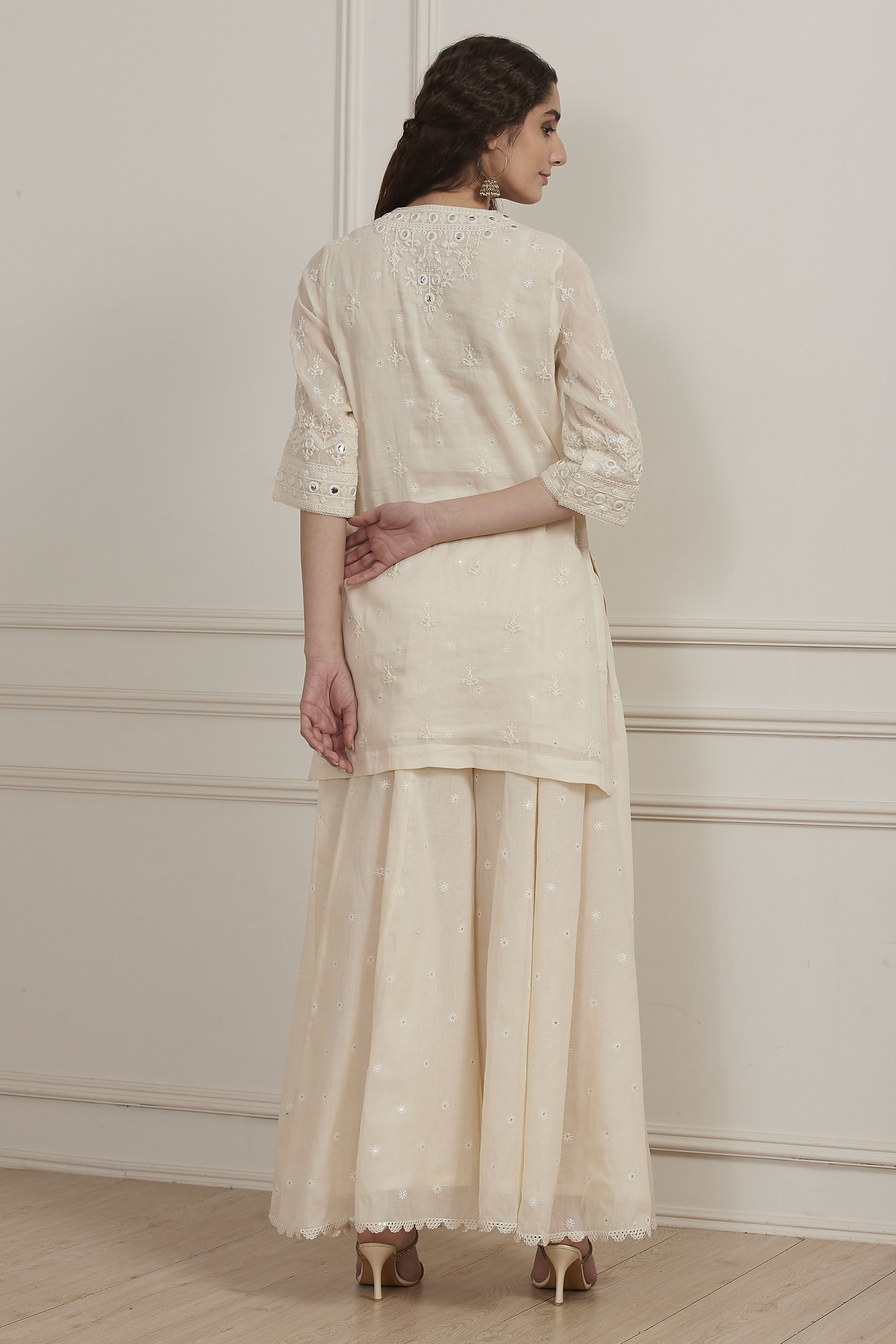 Ecru Cotton Embroidered Straight Sharara Suit Set image number 4