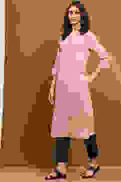 Beige Cotton Blend Solid Straight Kurta image number 2