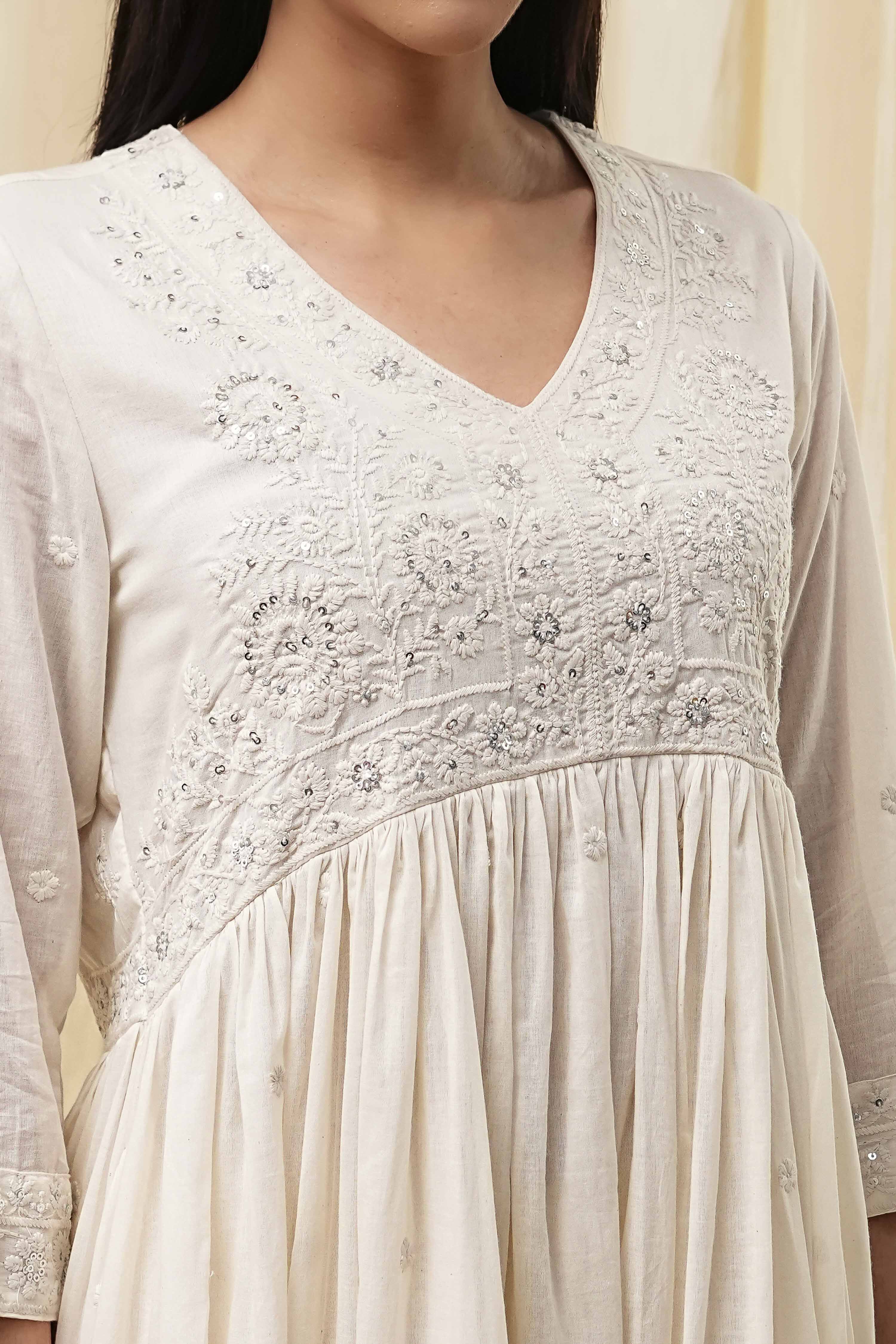 Off-White Cotton Embroidered Gathered Suit Set image number 1