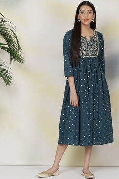 Teal Green Cotton Fusion Dress image number 3