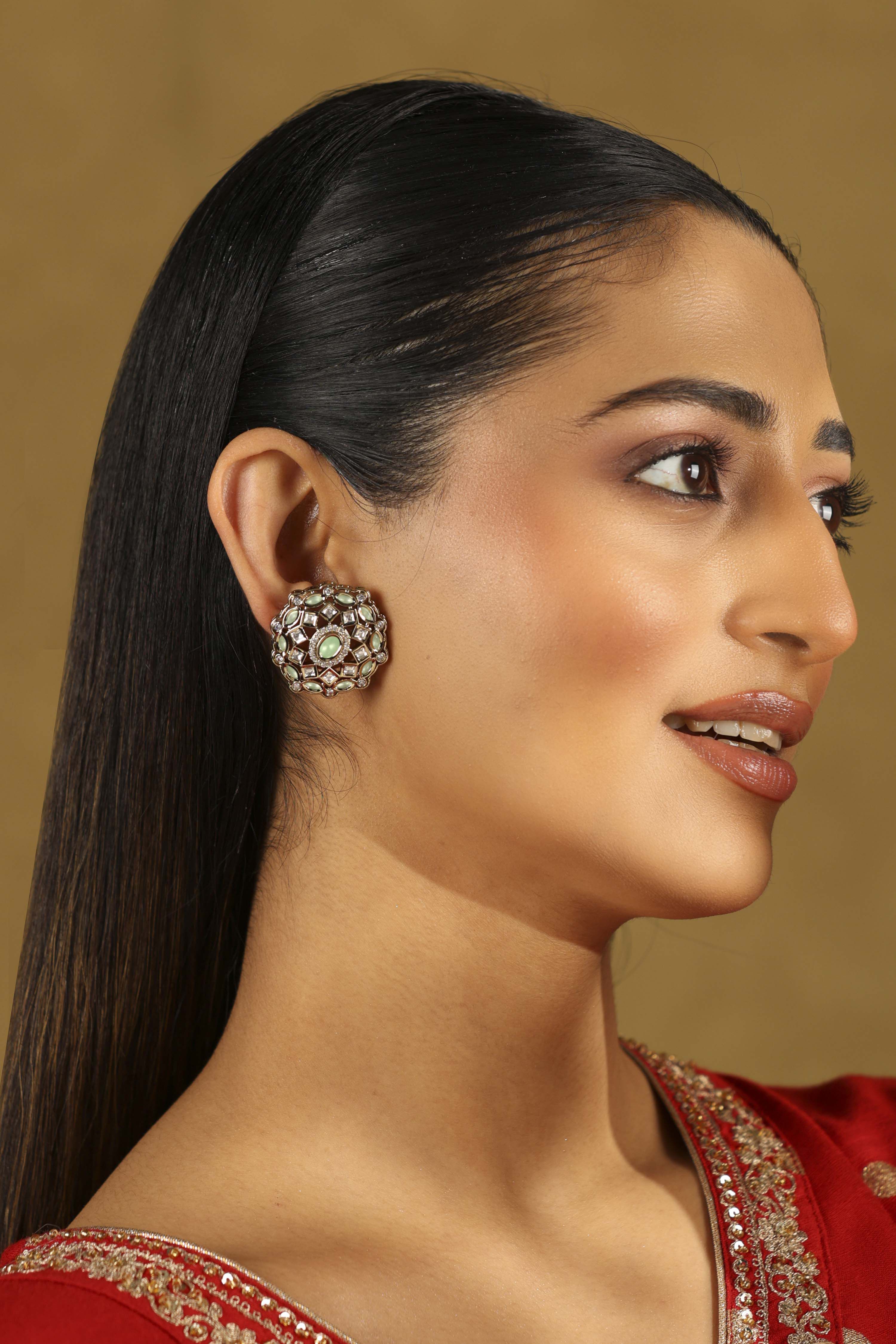 Silver Toned Gold Plated Embellished Stud Earrings image number 3