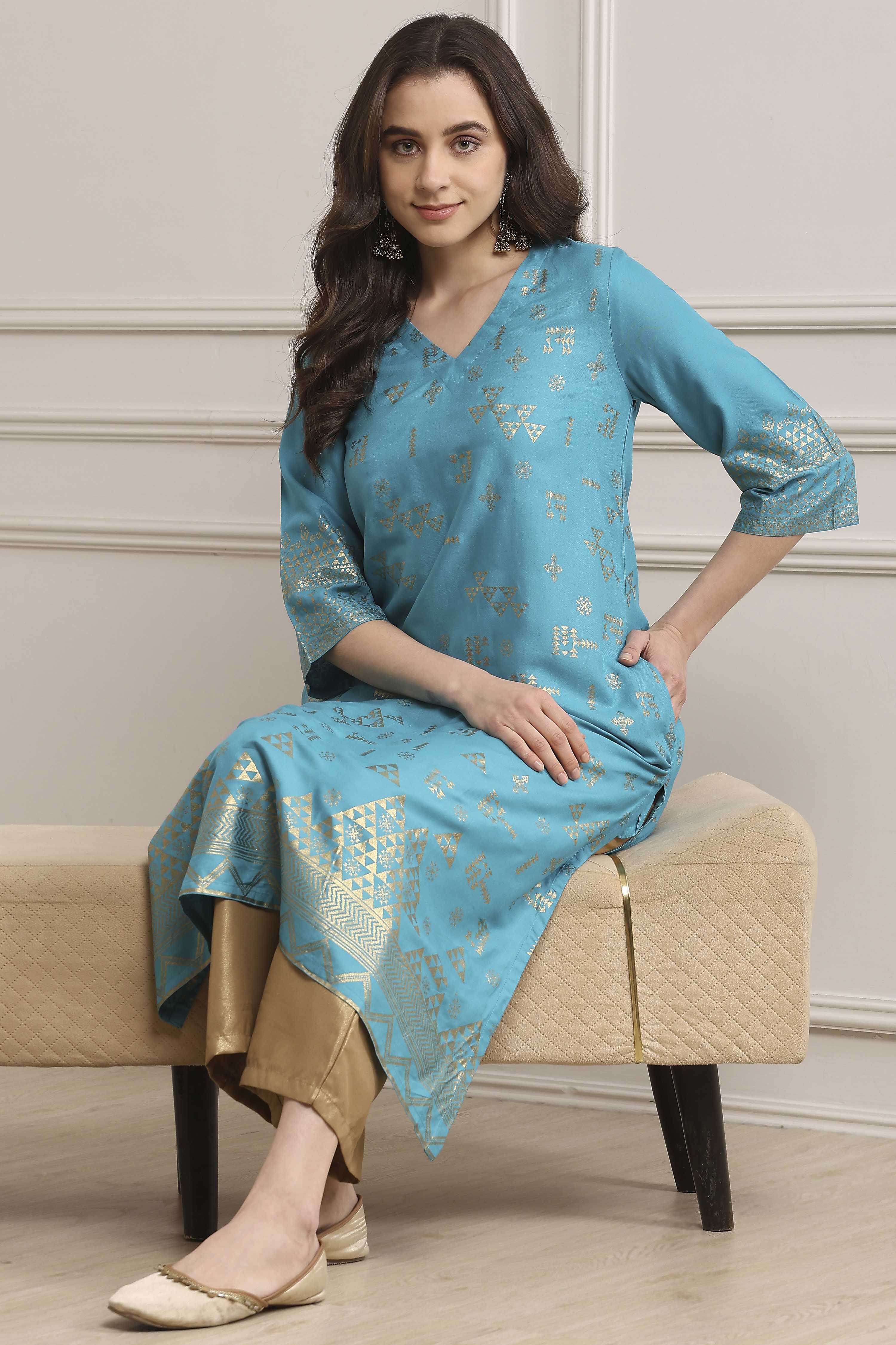Turquoise Rayon A-Line Printed Kurta image number 0