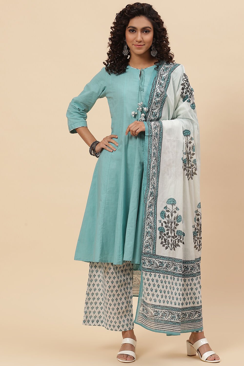 Buy Turquoise Cotton A Line Kurta Palazzo Suit Set Kurta