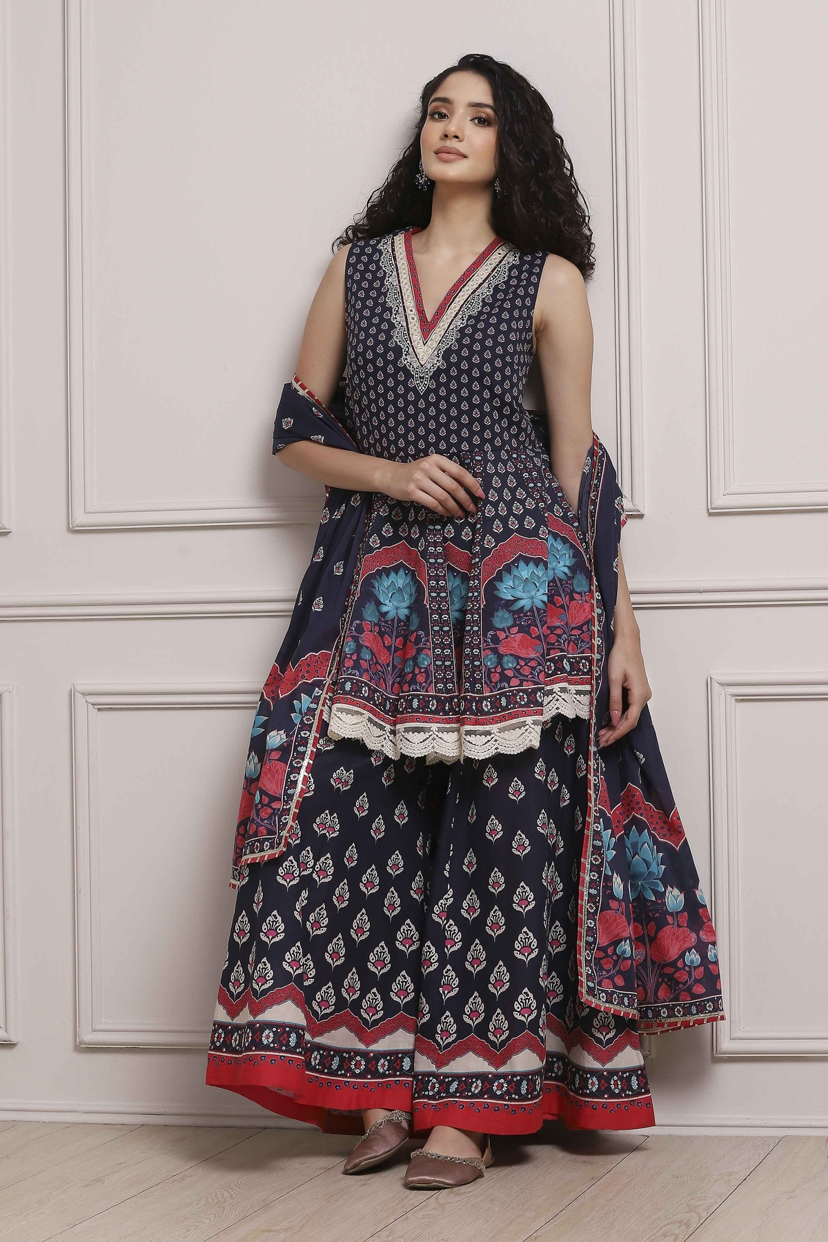 Off White/Blue Cotton Printed Sharara Suit Set