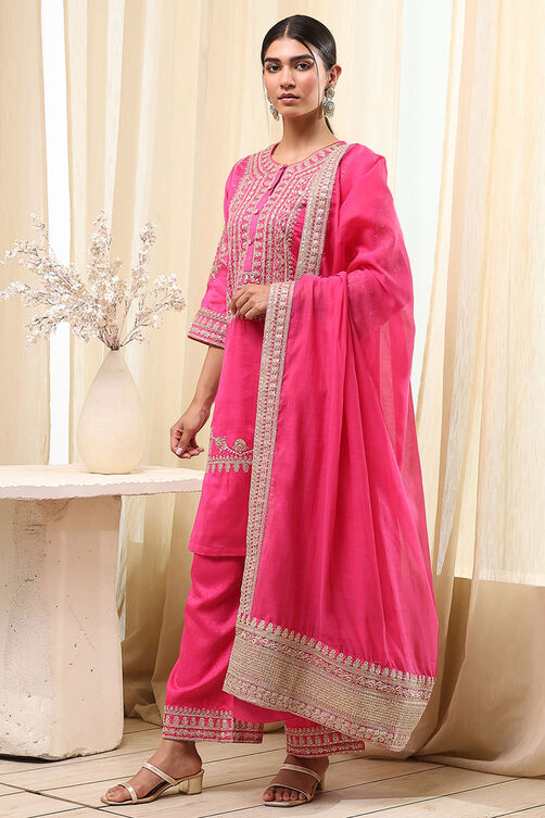 Fuchsia Cotton Silk Straight Suit Set image number 3