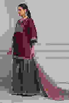 Maroon and Gold-Toned Cotton Silk Blend Sharara Suit Set image number 4