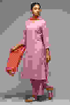 Red Cotton Blend Straight Kurta Palazzo Suit Set image number 5