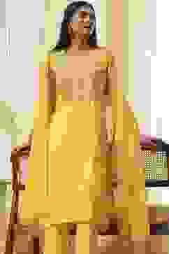 Yellow Embroidered Straight Suit Set image number 7