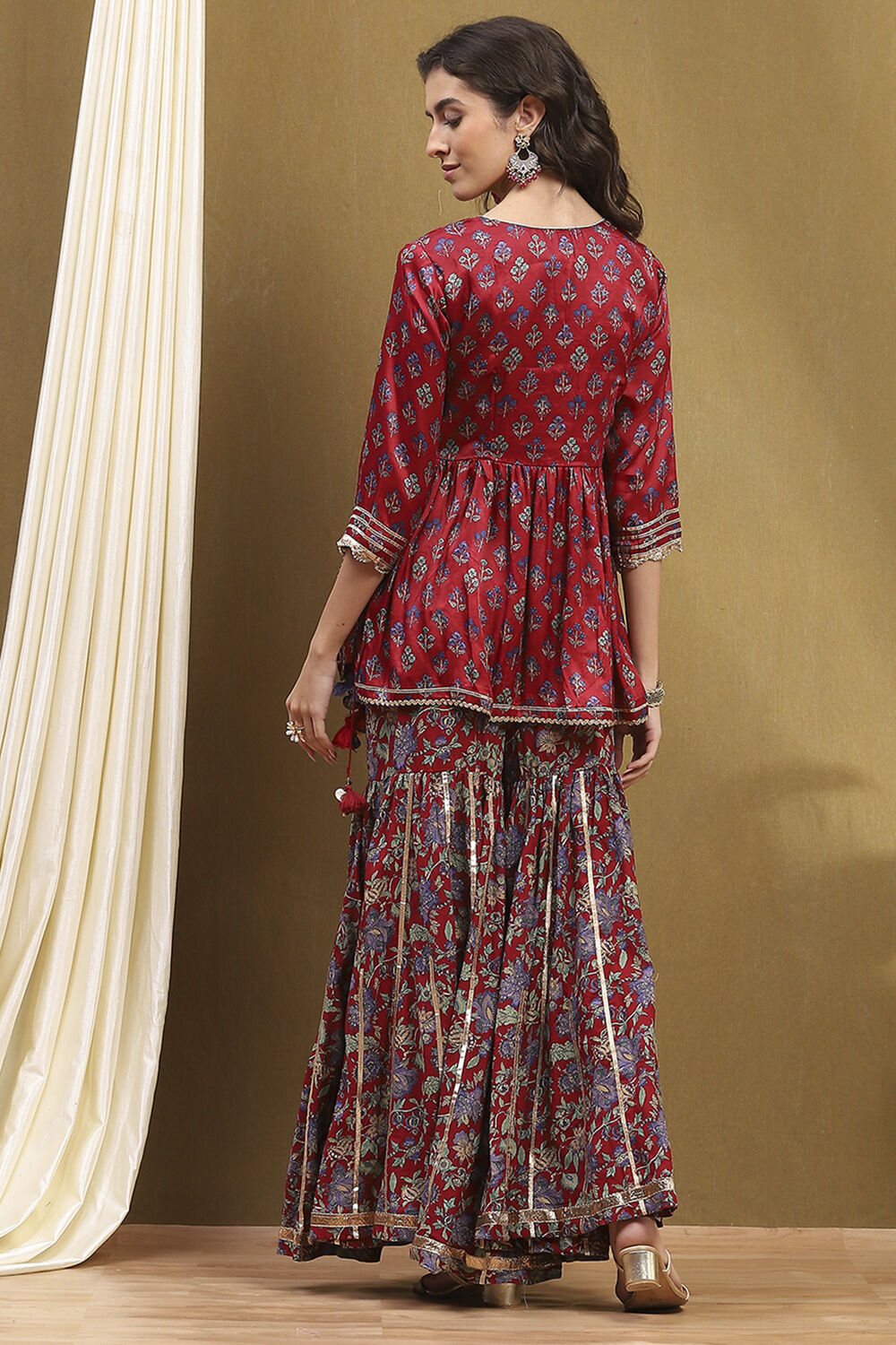 Navy Blue Viscose Floral Peplum Suit Set image number 4