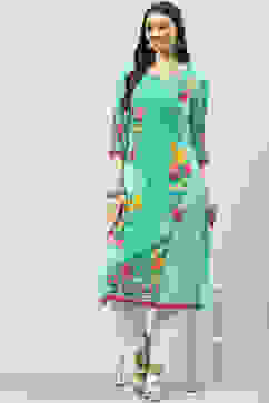 Green LIVA Straight Printed Kurta image number 0