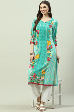 Green LIVA Straight Printed Kurta image number 0