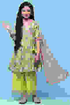 Yellow Cotton Printed Angrakha Flared Suit Set image number 0